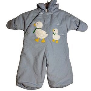 Vintage Betti Terrell Johnston Blue Corduroy Hooded Bunting Snowsuit Ducks 6-9mo